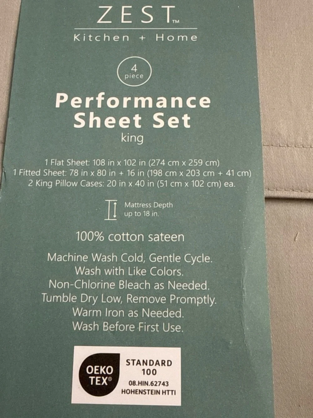 NWT Zest Kitchen & Home Performance Sheet Set - King, Light Green